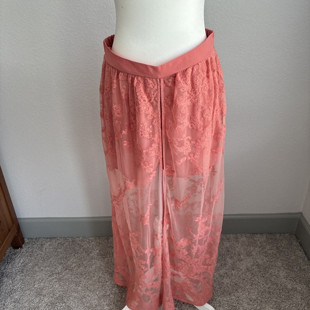 Entro Women's Pink Sheer Floral Maxi Skirt with Built-In Shorts Large Boho